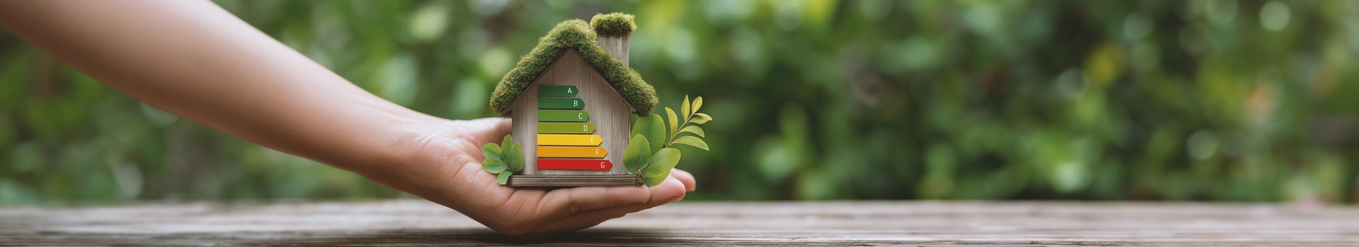 Hand die ein Haus in der Hand hält mit einer Energieskala drauf. Im Hintergrund grüne Blätter