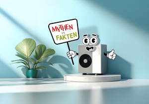 Illustration einer glücklichen Wärmepumpe mit Schild in der Hand 'Faktencheck'