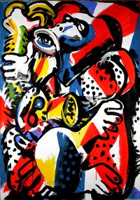 Buntes Gemälde mit Affen, Eitempera auf Papier