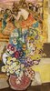 Zu sehen ist ein farbenfrohes Gemälde. Der Fokus des Bildes ist dabei auf ein mit unterschiedlichsten Blumenarten befülltem Topf gelegt. Oberhalb davon, an einer Wand hängend, ein in Goldrahmen eingefasstes Bild, auf dem der Kreuzweg von Jesus mit flehender Maria abgebildet ist.