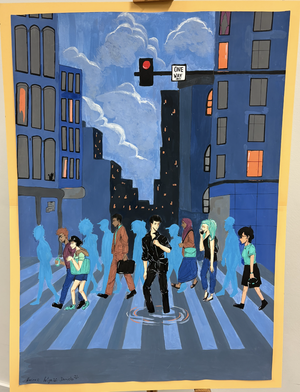 Kunstwerk von Schüler, Stadt im Dunkeln, Fußgänger gegen über einen Zebrastreifen