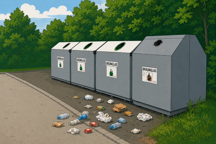 Illustration eines Altglascontainerstandorts mit vier Glascontainern am Waldrand.