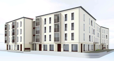 Außenansicht Wohnanlage St. Franziskus aus Sicht der Weiherer Straße. 
