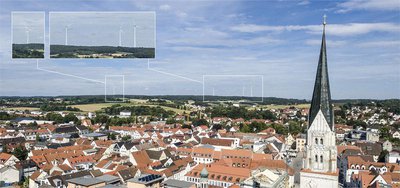 Bestehendes Bürgerwindrad im Lustholz (links), geplante drei Bürgerwindenergieanlagen im Förnbacher Forst (rechts)