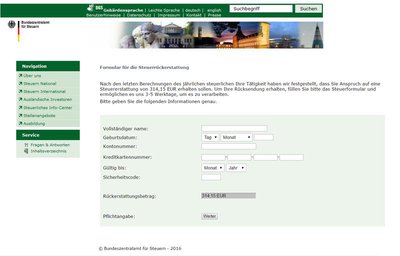 Die nachgebaute Webseite des Bundeszentralamts für Steuern.