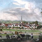 Ansicht der Stadt von Osten aus der Zeit um 1830 mit den Grünbereichen im Norden und Westen (kolorierte Lithographie von Gustav Kraus nach einer Zeichnung von Augustin Schwarz)