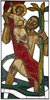 Auf dem Bild ist eine Mosaikarbeit zu sehen. Auf ihr hält eine Person mit Stab und rotem Umhang das Jesuskind in die Höhe.