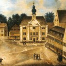Keimzelle „städtischen Lesens“: Die Engelkapelle, an deren Stelle 1877/78 das „Haus der Begegnung“ als Schulhaus errichtet wurde (um 1830).