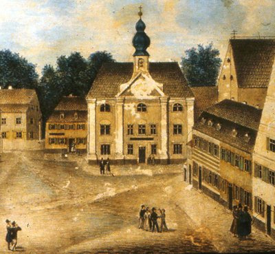 Keimzelle „städtischen Lesens“: Die Engelkapelle, an deren Stelle 1877/78 das „Haus der Begegnung“ als Schulhaus errichtet wurde (um 1830).