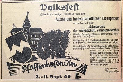 Anzeige zum Ausstellungsprogramm des ersten Nachkriegsvolksfests 1949 (Anzeigenblatt des Landkreises vom 9. Juli 1949)