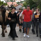 Bürgermeister Thomas Herker mit interessierten Bürgern und Kamel "Glubschi" beim Quartiersspaziergang