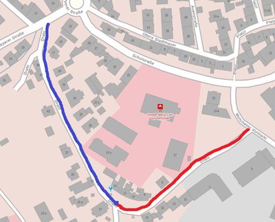 Sperrung Scheyerer Straße bis Kapellenweg vom 17. bis 28. Juni (blau). Sperrung zwischen Insel und Münchner Vormarkt ab 24. Juni wegen Straßensanierungsarbeiten (rot).