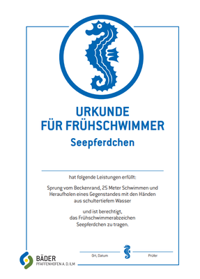 Am Ende des Kurses winkt allen jungen Schwimmerinnen und Schwimmern bei bestandener Aufgaben die begehrte Seepferdchen-Urkunde.