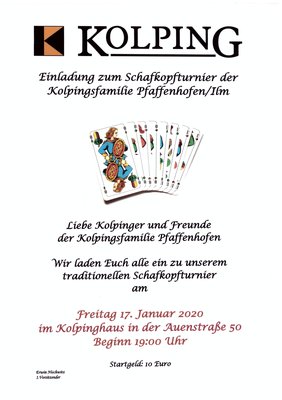 Einladung zum traditionellen <b>Schafkopfturnier</b> der Kolpingsfamilie Pfaffenhofen an alle Mitglieder und Freunde. Startgeld: 10 Euro