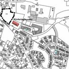Skizze vom EcoQuartier. Die Fläche neben dem rot gekennzichneten Kindergarten ist dick-schwarz umrandet.