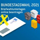 weißer Briefumschlag auf blauem Hintergrund, darüber Kreis mir gelben Kreuz und rechts im Bild fünf verschiedenenfarbige Briefkästen