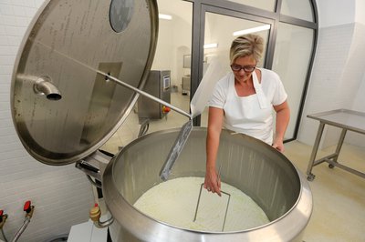 Manuela Ulrich vom Klostergut Prielhof Scheyern in weißer Schürze, blondem, kurzem Haar und Brille bei der Produktion von Käse aus Ziegenmilch. Sie beugt sich über einen sehr großen Bottich als Metall mit aufgeklappten Deckel.