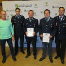 v.l.n.r.: 2. Bürgermeister Roland Dörfler, 1. Kommandant Florian Mayer, Thomas Sonhüter, Udo Hermann, 1. Vorsitzender Markus Holzbauer