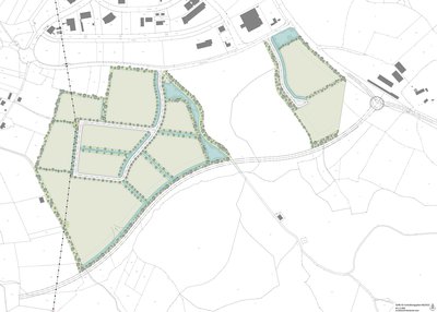Der Vorentwurf zeigt die zwei Teilbereiche, aus denen das neue Gewerbegebiet besteht. Von den 30 bzw. 8 Hektar wird nicht alles bebaut, es sind auch großzügige Grün- und Wasserflächen vorgesehen.