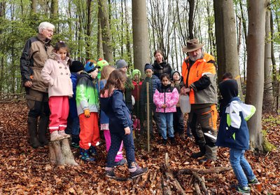 Kinder pflanzen Bäume im Schulwald