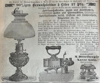 Werbeanzeige der Spengler Dittelberger und Götz mit Produktpalette aus dem Jahr 1902 
