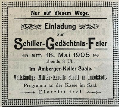 Anzeige zur Schiller-Gedächtnisfeier aus dem Jahr 1905 