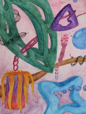 Die Schülerin Magdalena Bauer arbeitet in ihrem abstrakten Werk mit Farbstiften sowie mit Aquarellfarben und -stiften und setzt sich thematisch mit den Beziehungen von Körpern im Raum auseinander. 