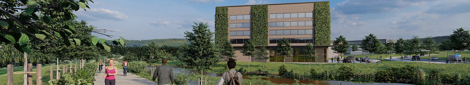 Visualisierung: Gebäude, Weg mit Menschen, Davor Grünanlage mit Teich