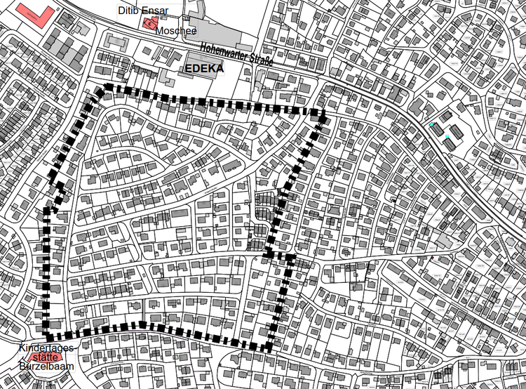 Eine Bauzeichnung einer Gebäudefläche an der Hohenwarter Straße. Rot gekennzeichnet ist die Kiga Burzelbaam. Ab dort ist eine bestimmte Fläche umrahmt.