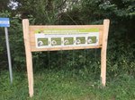 Holztafel mit Informationen und Bildern am Biberlehrpfad, im Hintergrund Bäume und Büsche