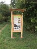 Holztafel mit Informationen und Bildern am Biberlehrpfad, im Hintergrund Bäume und Büsche