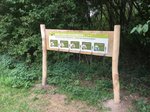 Holztafel mit Informationen und Bildern am Biberlehrpfad, im Hintergrund Büsche und Bäume