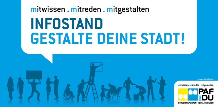 blauer Hintergrund mit Sprechblase in der steht: mitwissen.mitreden.mitgestalten, Infostand, Gestalte deine Stadt