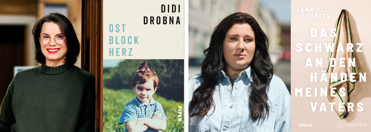 links: Didi Drobna, Buchcover Ostblockherz I Lena Schätte, Buchcover Das Schwarz an den Händen meines Vaters