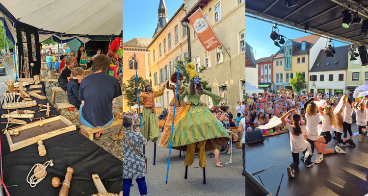 Collage: links_Schnitzzelt, mitte_Stelzer, rechts_Bühnenauftritt DanceOnStage
