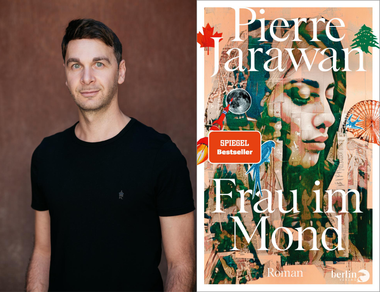links: Pierre Jarawan I rechts: Buchcover Frau im Mond