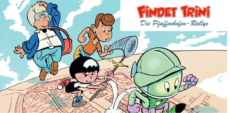 Comicfiguren Trini, Frau Deutlmoser, Max und Anka hüpfen über eine Karte