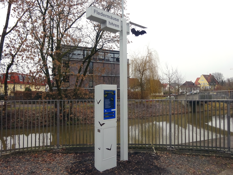 Fledermaus-Hörstation im Bürgerpark, im Hintergrund die Ilm und Häuser