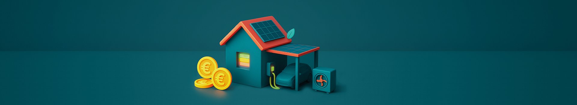 blauer Hintergrund mit Haus, E-Auto und Geldstücken