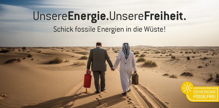 Ein Business-Mann und ein Scheich gehen Hand-in-Hand durch die Wüste mit Benzinkanistern.