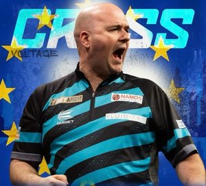 Dart-Profi Rob Cross in schwarz-blauem Trikot.