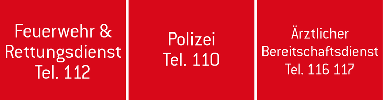 Rote Felder mit Notrufnummern von Feuerwehr 112, Polizei 110 und Ärztlicher Bereitschaftsdienst 116 117
