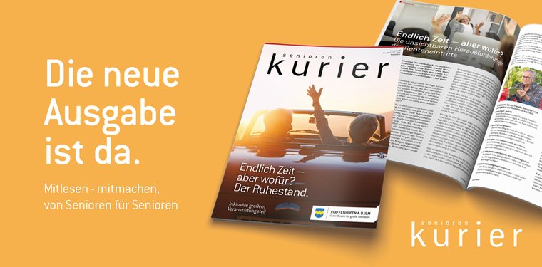 Seniorenkurier Titel und Foto vom Innenteil, oranger Hintergrund