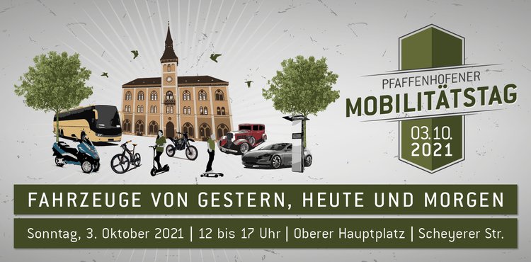 Logo des Mobilitätstags mit Termin und Ort zeigt Rathaus, daneben Bäume und davor verschiedene Verkehrsmittel, Rad, Bus, Auto, etc.