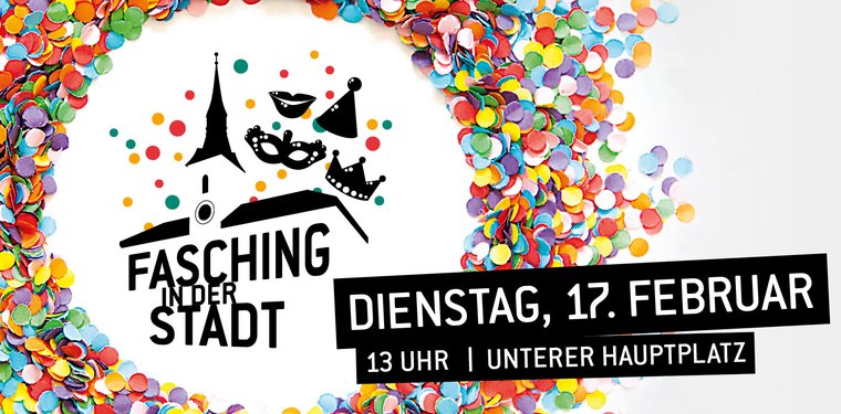 Symbol Rathaus in schwarz mit Schrift "Fasching in der Stadt" und außen Konfetti