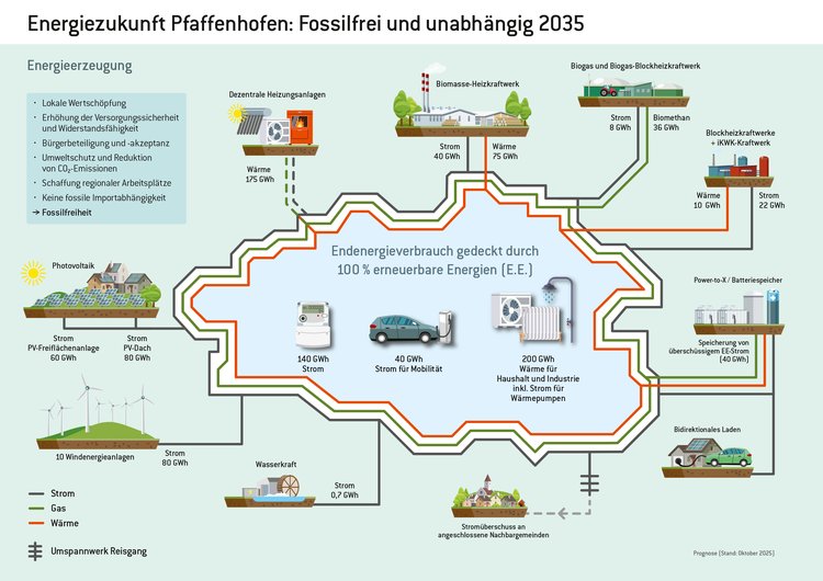 Umfangreiche Grafik zeigt, wo die Energie in Pfaffenhofen erzeugt und verbraucht wird.
