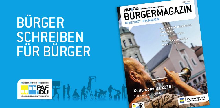 Titel Bürgermagazin, blauer Hintergrund und Schrift: Bürger schreiben für Bürger