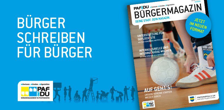 Das Titelbild der April-Ausgabe des Bürgermagazins mit blauem Hintergrund.