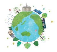 Zeigt eine Grafik der Weltkugel mit Pfaffenhofener Symbolen zur Stadt und zum Klimaschutz