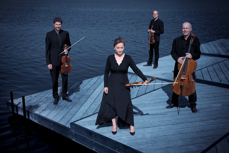 Musiker mit Streichinstrumenten auf Steg über Wasser